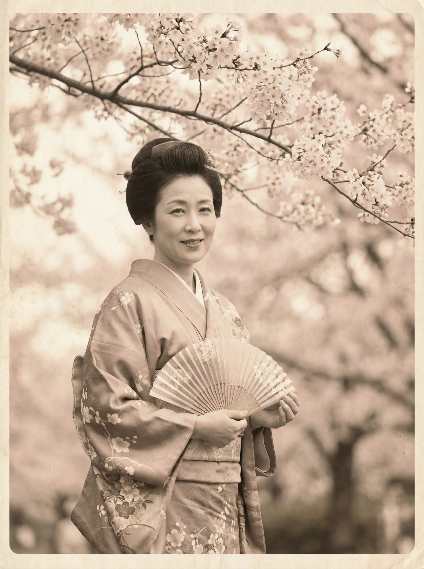 一位持扇的优雅 尊龙平台 在樱花树下的复古写真